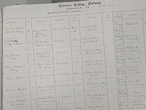 An image of Alice Perry's matriculation record, from the University of Galway archives